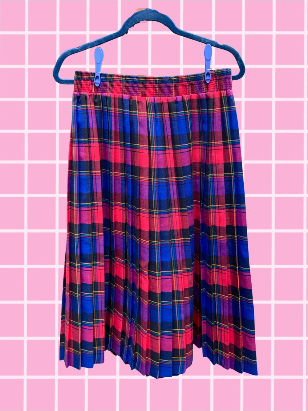 80s/90s Vintage Plaid Colourful Stretchy Midi Skirt - Size 16
